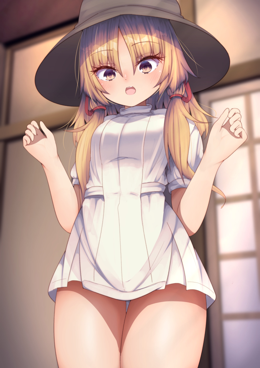 1girl :o bangs blonde_hair blush commentary_request cowboy_shot darumoon dress eyebrows_visible_through_hair eyelashes hair_ribbon hat highres indoors long_hair looking_down moriya_suwako open_mouth parted_bangs red_ribbon reward_available ribbon short_dress short_sleeves sidelocks thick_thighs thighs touhou white_dress yellow_eyes