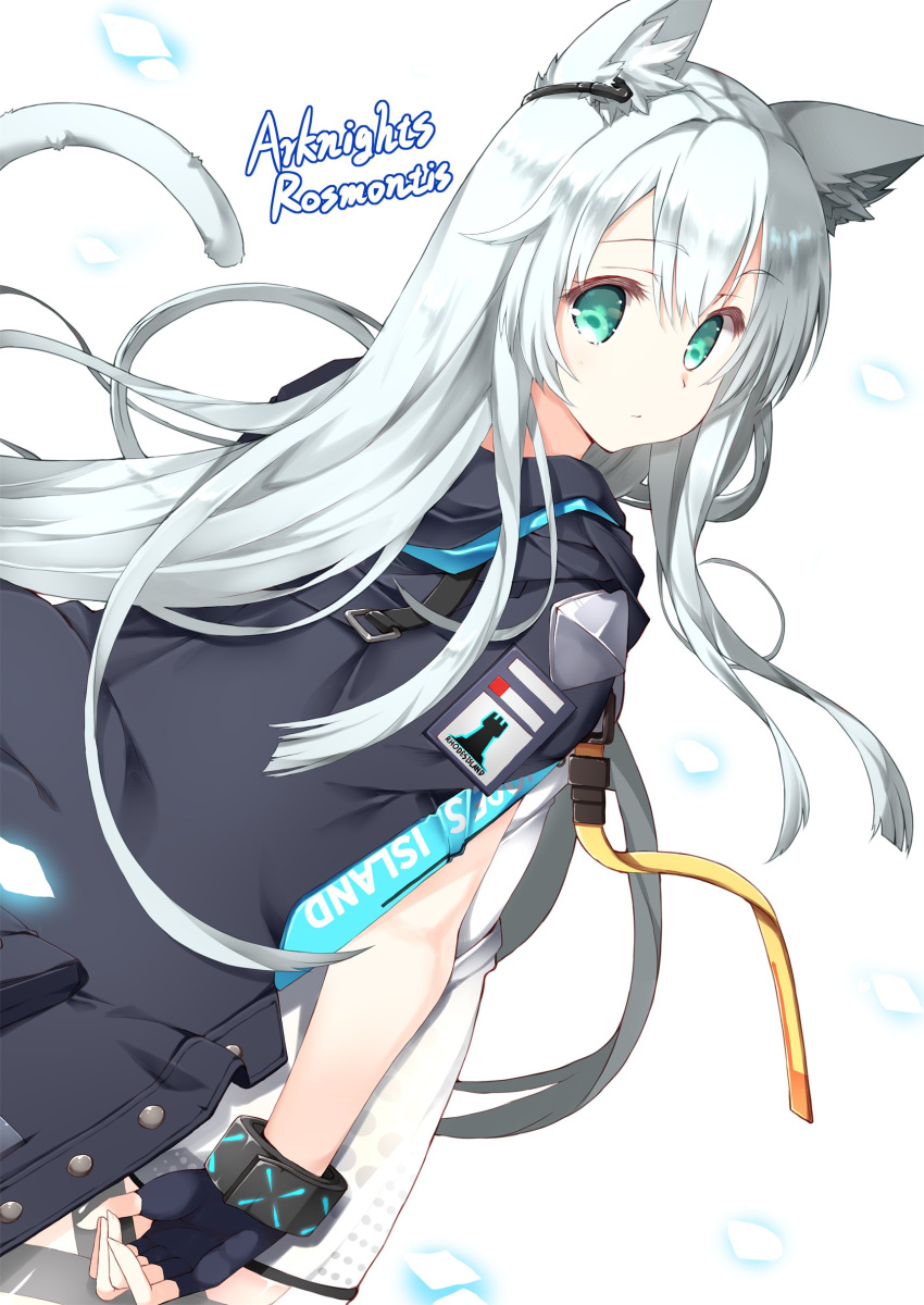 1girl absurdres animal_ears arknights bangs cat_ears cat_girl cat_tail cloak closed_mouth dress fingerless_gloves gloves green_eyes hasumi_takashi highres hood hood_down hooded_cloak infection_monitor_(arknights) long_hair rhodes_island_logo rosmontis_(arknights) solo tail white_dress