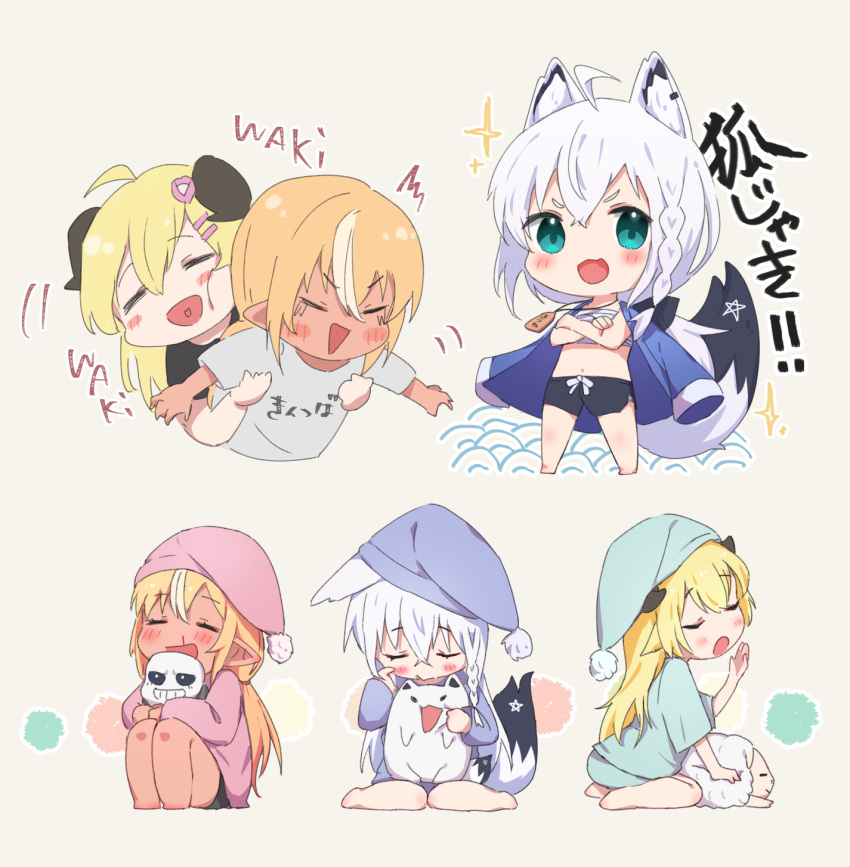 3girls :d animal_ear_fluff animal_ears bangs bare_shoulders black_shirt black_shorts blonde_hair blood blue_headwear blue_jacket blue_pajamas blue_shirt blue_shorts blush chibi crossed_arms curled_horns eyebrows_visible_through_hair fox_ears fox_girl fox_tail green_eyes grey_background grey_shirt hair_between_eyes hat highres hololive horns jacket jacket_on_shoulders long_hair low_ponytail multiple_girls nightcap nosebleed open_mouth pajamas pink_headwear pink_pajamas pink_shirt romaji_text sans sarashi sasaki_(glass1138) sheep_horns shirakami_fubuki shiranui_flare shirt short_shorts short_sleeves shorts simple_background smile sparkle standing tail translation_request tsunomaki_watame undertale v-shaped_eyebrows very_long_hair virtual_youtuber white_hair