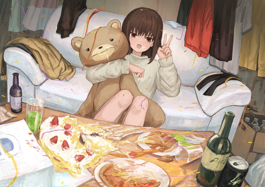 1girl absurdres bangs bottle brown_eyes brown_hair cake can couch cup food highres huge_filesize indoors knees_up long_sleeves looking_at_viewer medium_hair messy open_mouth original pizza plate shinamida shirt sitting smile solo stuffed_animal stuffed_toy table teddy_bear v white_shirt