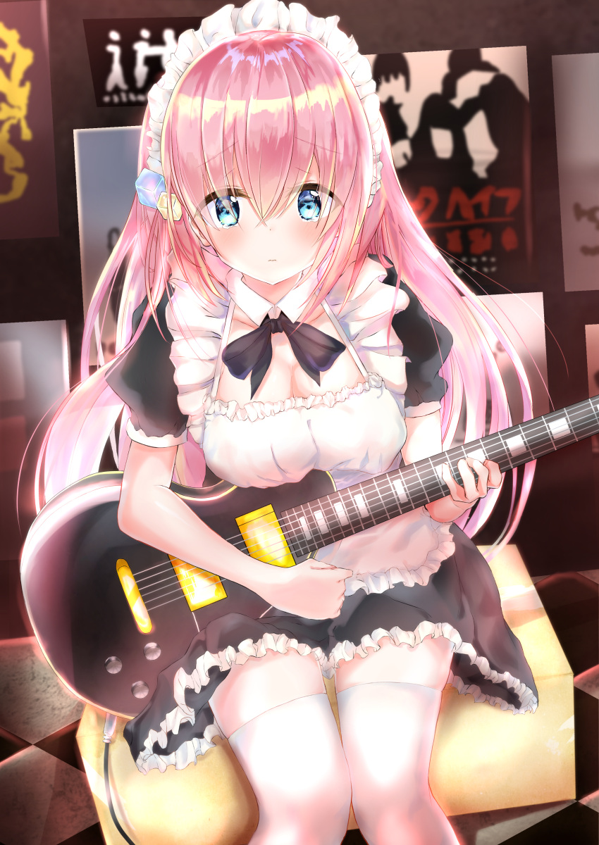1girl absurdres album_cover alternate_costume blue_eyes blush bocchi_the_rock! bow commentary cover electric_guitar enmaided frills gotou_hitori guitar hair_ornament highres indoors instrument looking_at_viewer maddo_(gasser_0518) maid maid_headdress music pink_hair playing_instrument sitting solo thigh-highs white_legwear zettai_ryouiki