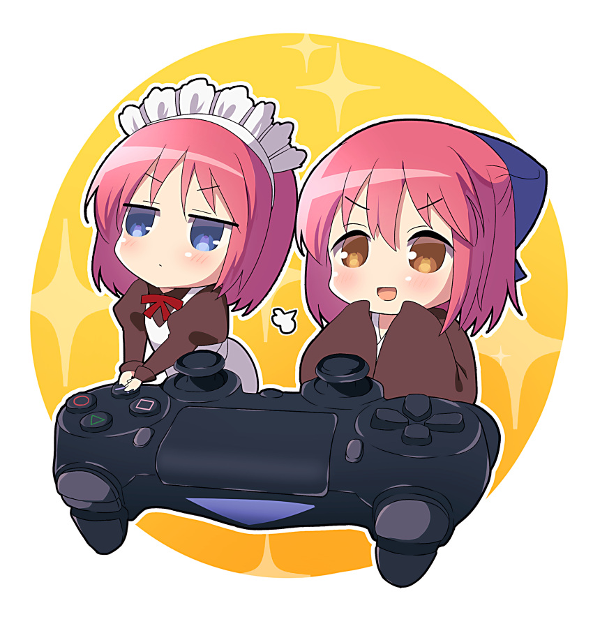 2girls absurdres apron bangs blue_bow blue_eyes blush bow bowtie brown_dress brown_eyes brown_kimono chibi closed_mouth controller dress dualshock eyebrows_visible_through_hair game_controller gamepad hair_between_eyes hair_bow half_updo highres hisui_(tsukihime) itsuka_neru japanese_clothes juliet_sleeves kimono kohaku_(tsukihime) long_sleeves maid maid_apron maid_headdress multiple_girls open_mouth playstation_controller puffy_sleeves red_bow red_neckwear redhead short_hair siblings sidelocks sisters sleeves_past_fingers sleeves_past_wrists smile tsukihime tsukihime_(remake) twins wa_maid white_apron wide_sleeves