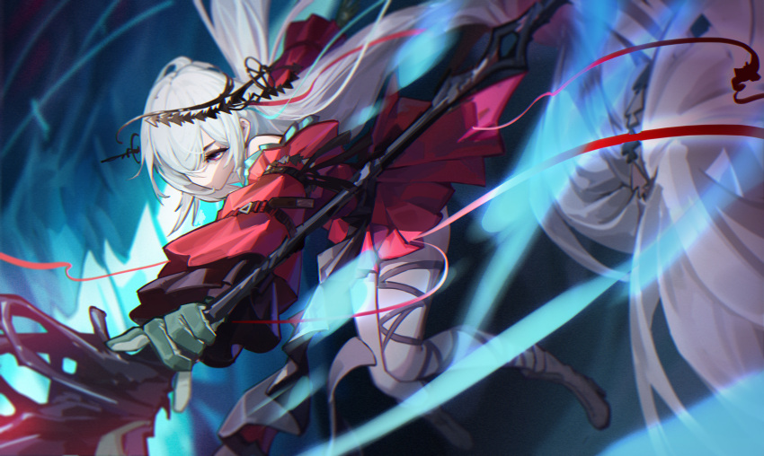 1girl absurdres arknights bangs bare_legs boots dress hairband highres holding holding_staff holding_weapon incoming_attack leg_belt long_hair niaodao_zhenjun ponytail red_dress silver_hair skadi_(arknights) skadi_the_corrupting_heart_(arknights) solo staff very_long_hair violet_eyes weapon