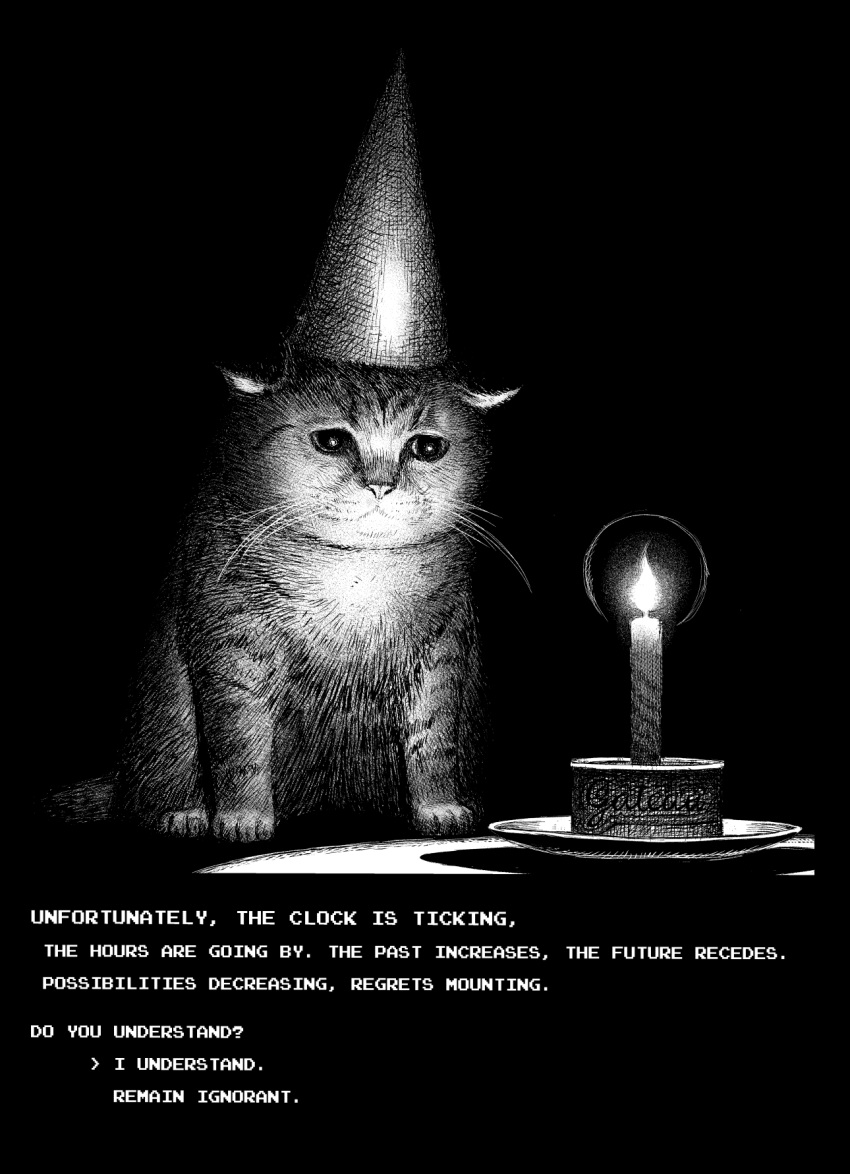 animal_focus arrow_(symbol) candle cat commentary dialogue_options english_commentary fire flame greyscale hat highres monochrome no_humans original party_hat plate sad simple_background white_background y_naf