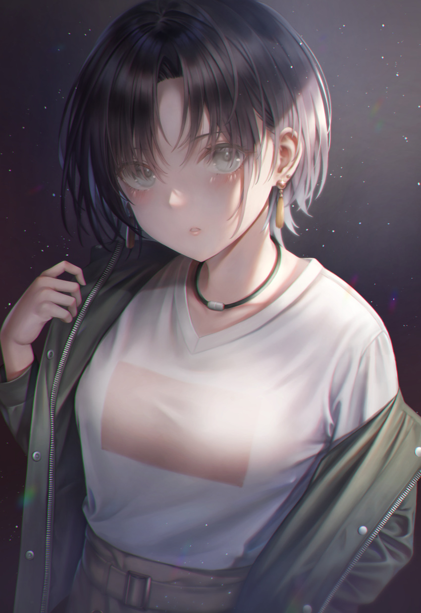 1girl absurdres asakura_tooru black_hair blush choker collarbone earrings eyebrows_visible_through_hair eyes_visible_through_hair glint green_eyes green_jacket hand_in_pocket hibimaru highres idolmaster idolmaster_shiny_colors jacket jewelry light_particles noctchill_(idolmaster) open_clothes open_jacket parted_lips short_hair solo zipper