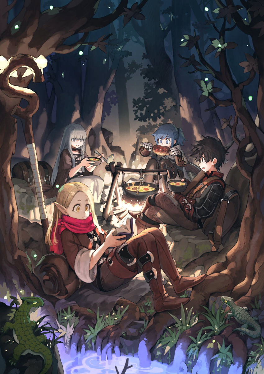 1boy 3girls animal backpack bag bedroll belt_boots black_hair blonde_hair blue_hair boned_meat book boots bowl braid campfire commentary cooking eating elf fantasy fingerless_gloves fire food forest gauntlets gloves glowing grey_hair highres holding holding_book holding_bowl holding_food holding_ladle jun_(seojh1029) ladle lizard long_hair meat multiple_girls nature night original outdoors pointy_ears pot reading robe scarf sheath sheathed shield short_hair short_ponytail side_braid single_braid smile staff stew sword thigh-highs thigh_boots tree water weapon