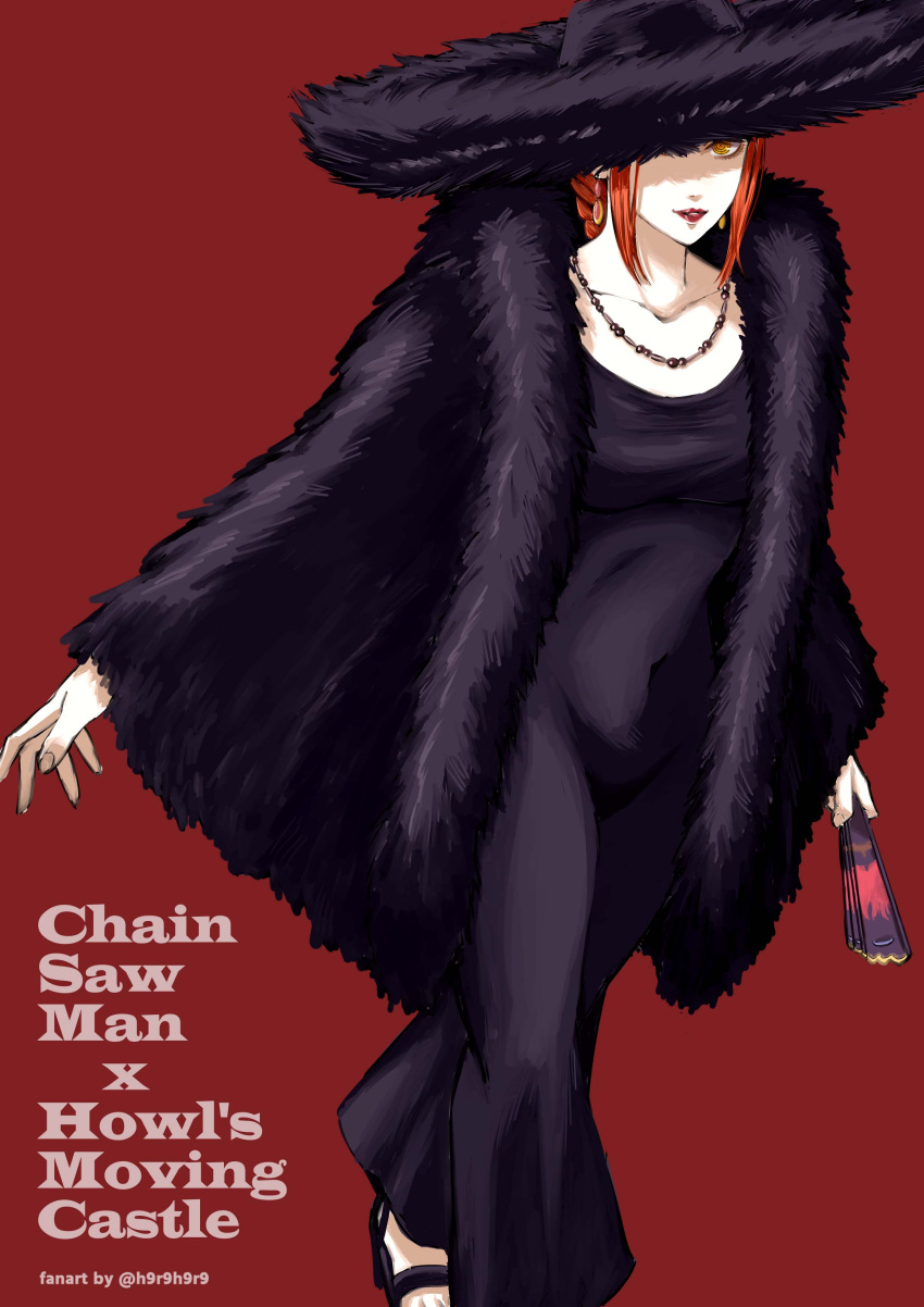 1girl absurdres black_coat black_dress black_footwear black_headwear braid braided_ponytail chainsaw_man closed_fan coat collarbone cosplay dress earrings folding_fan fur_(clothing) h9r9h9r9 hand_fan highres holding holding_fan howl_no_ugoku_shiro jewelry lipstick long_coat long_dress long_hair looking_at_viewer makeup makima_(chainsaw_man) necklace one_eye_covered red_background red_lips redhead ringed_eyes shaded_face sidelocks solo walking witch_of_the_waste witch_of_the_waste_(cosplay) yellow_eyes