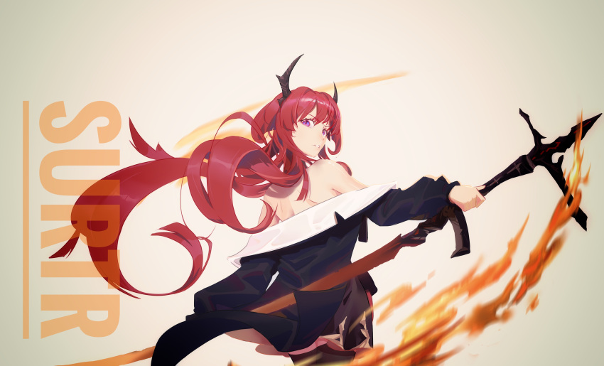 1girl absurdres arknights backless_outfit bare_shoulders black_dress black_jacket black_legwear brown_background character_name chinese_commentary commentary_request cowboy_shot demon_horns dress fire from_behind frown highres holding holding_sword holding_weapon horns jacket long_hair long_sleeves looking_at_viewer looking_back off_shoulder parted_lips redhead shoulder_blades shuyaojuezanbaoganzhong solo surtr_(arknights) sword thigh-highs violet_eyes weapon