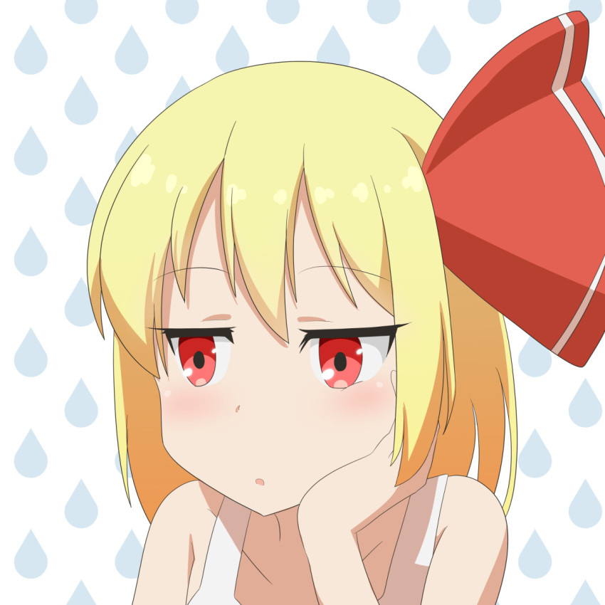 1girl bangs bare_shoulders blonde_hair blue_background blush cato_(monocatienus) dropping eyebrows_visible_through_hair hair_between_eyes hair_ribbon hand_on_own_face hand_up highres looking_to_the_side open_mouth red_eyes red_ribbon ribbon rumia shirt short_hair sitting sleeveless solo t-shirt touhou upper_body white_background white_shirt