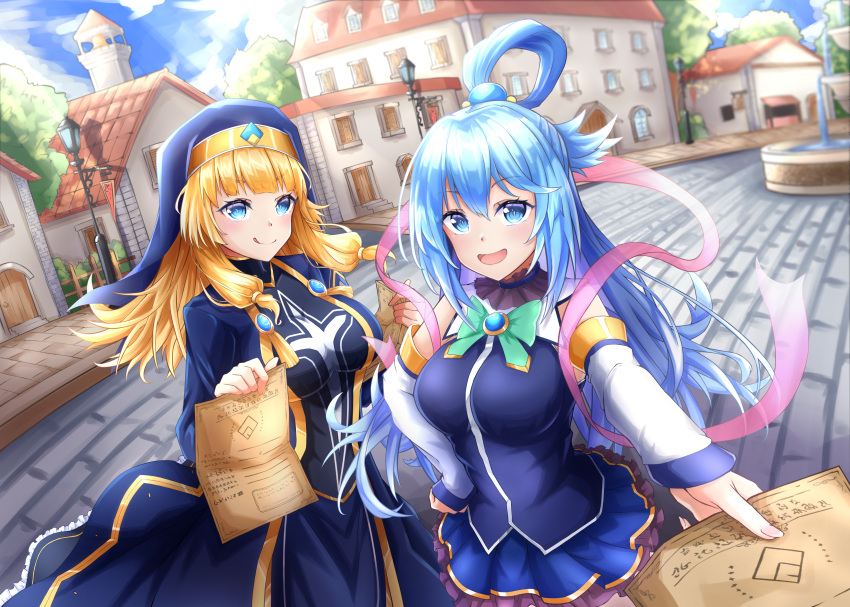 2girls absurdres aqua_(konosuba) bag bare_shoulders blonde_hair blue_eyes blue_hair blue_legwear blue_skirt bow breasts cecily_(konosuba) city detached_sleeves green_bow hair_ornament hair_rings highres kono_subarashii_sekai_ni_shukufuku_wo! looking_at_viewer multiple_girls nun open_mouth paper skirt smile tongue tongue_out white_sleeves yang1413