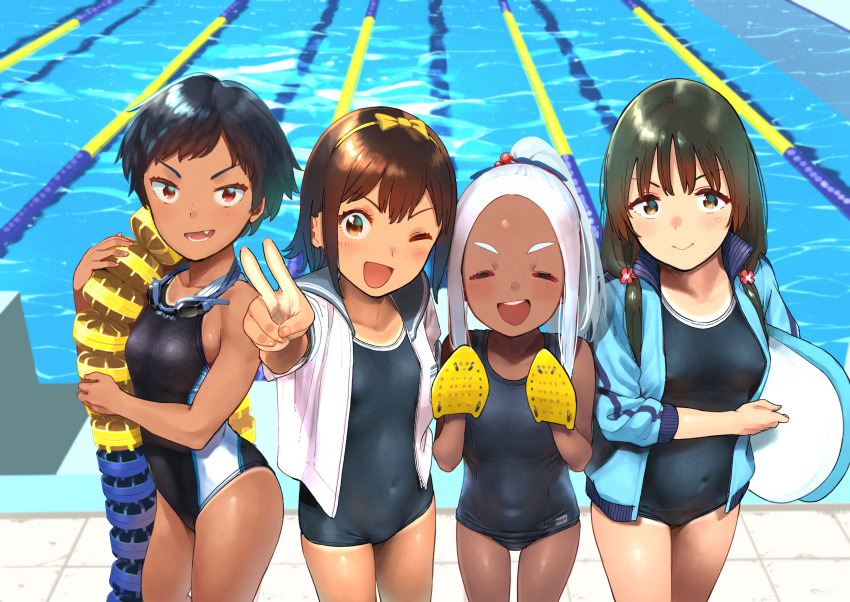 4girls :d absurdres bangs black_hair blush bob_cut breasts brown_eyes brown_hair closed_mouth collarbone competition_school_swimsuit competition_swimsuit covered_nipples dark_skin fang goggles goggles_around_neck hair_between_eyes hairband highres jersey long_hair looking_at_viewer medium_hair multiple_girls name_tag one-piece_swimsuit one_eye_closed open_mouth original parka ponytail pool red_eyes sailor_collar sailor_shirt school_swimsuit school_uniform shiden_(sashimi_no_wife) shirt short_hair sideboob sidelocks smile standing swimsuit swimsuit_under_clothes tan tanlines teeth thighs twintails white_hair white_shirt