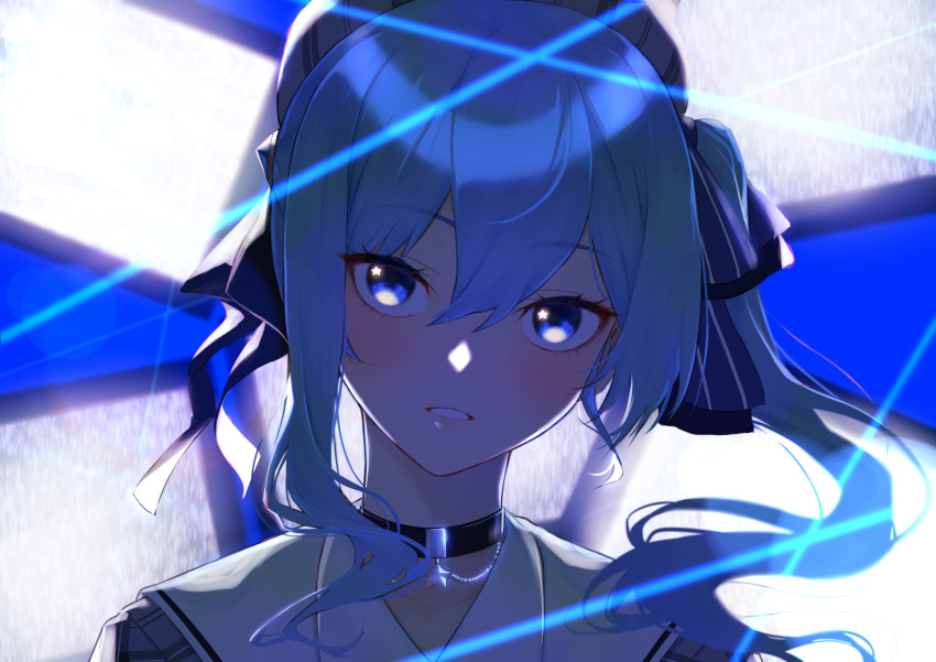 1girl asymmetrical_hair bangs beret black_choker blue_eyes blue_hair choker commentary_request eyebrows_visible_through_hair hair_between_eyes hair_ribbon hat highres hololive hoshimachi_suisei looking_at_viewer ribbon saco_(cgmore) side_ponytail solo star_(symbol) star_choker star_in_eye symbol_in_eye virtual_youtuber