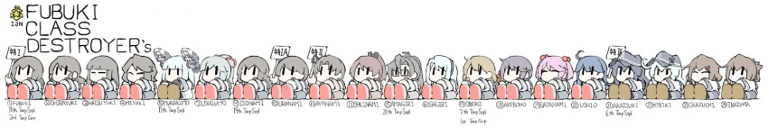 6+girls ^_^ ahoge akatsuki_(kancolle) akebono_(kancolle) amagiri_(kancolle) asymmetrical_bangs ayanami_(kancolle) badge bandaid bangs bell black_hair black_ribbon blonde_hair blue_hair blue_hairband blue_skirt blunt_bangs boots braid brown_footwear brown_hair brown_skirt chibi closed_eyes dress english_text flat_cap flower folded_ponytail fubuki_(kancolle) glasses grey_footwear grey_hair grey_skirt hair_bell hair_bobbles hair_flower hair_ornament hair_ribbon hairband hairclip hat hatsuyuki_(kancolle) headgear hibiki_(kancolle) hime_cut holding ikazuchi_(kancolle) inazuma_(kancolle) isonami_(kancolle) kantai_collection light_blue_hair long_hair long_image low_twintails medium_hair messy_hair miyuki_(kancolle) multiple_girls murakumo_(kancolle) no_mouth oboro_(kancolle) parted_bangs pink_hair pleated_skirt ponytail purple_hair red_ribbon ribbon sagiri_(kancolle) sailor_dress sazanami_(kancolle) school_uniform serafuku shikinami_(kancolle) shirayuki_(kancolle) shirt short_hair side_ponytail sidelocks sign simple_background single_braid sitting skirt swept_bangs task_(s_task80) twintails uniform uranami_(kancolle) ushio_(kancolle) usugumo_(kancolle) very_long_hair white_background white_hair white_shirt wide_image |_|