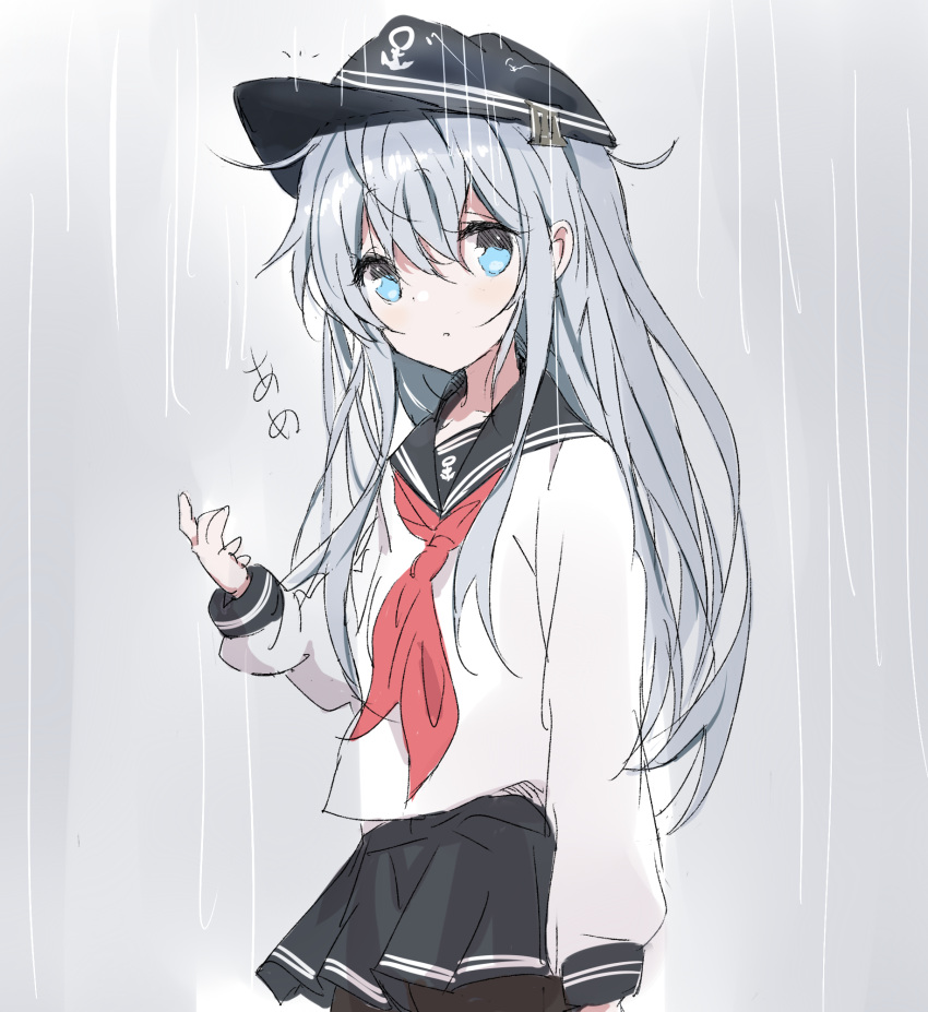 1girl anchor_symbol black_headwear black_sailor_collar black_skirt blue_eyes core_(mayomayo) dated flat_cap hat hibiki_(kancolle) highres kantai_collection long_hair looking_at_viewer neckerchief pleated_skirt rain red_neckwear sailor_collar school_uniform serafuku silver_hair skirt solo standing