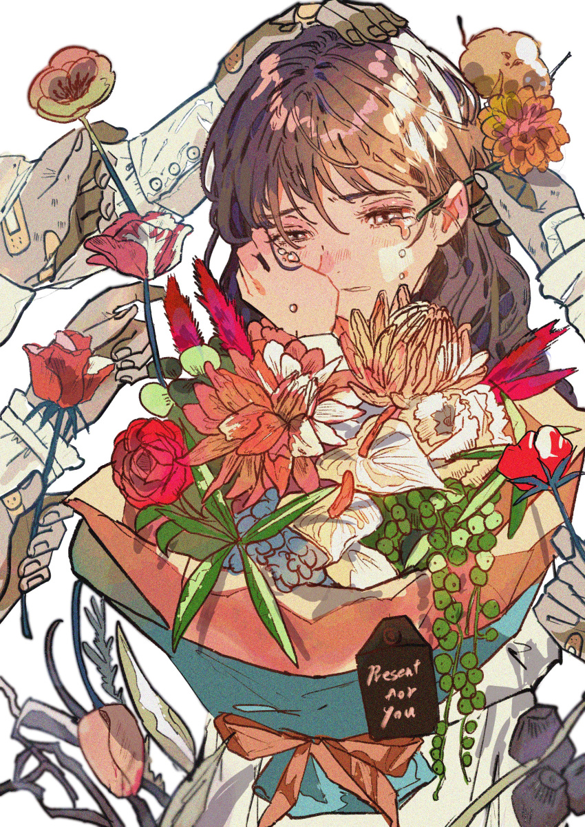 1girl 6+others absurdres bandaid bandaid_on_hand bangs blue_flower bouquet brown_hair commentary_request crying crying_with_eyes_open flower gift half-closed_eyes highres holding holding_bouquet leaf long_hair long_sleeves multiple_others noise orange_flower original parted_lips qooo003 red_flower red_rose rose simple_background solo_focus tears upper_body white_background white_flower wiping_tears