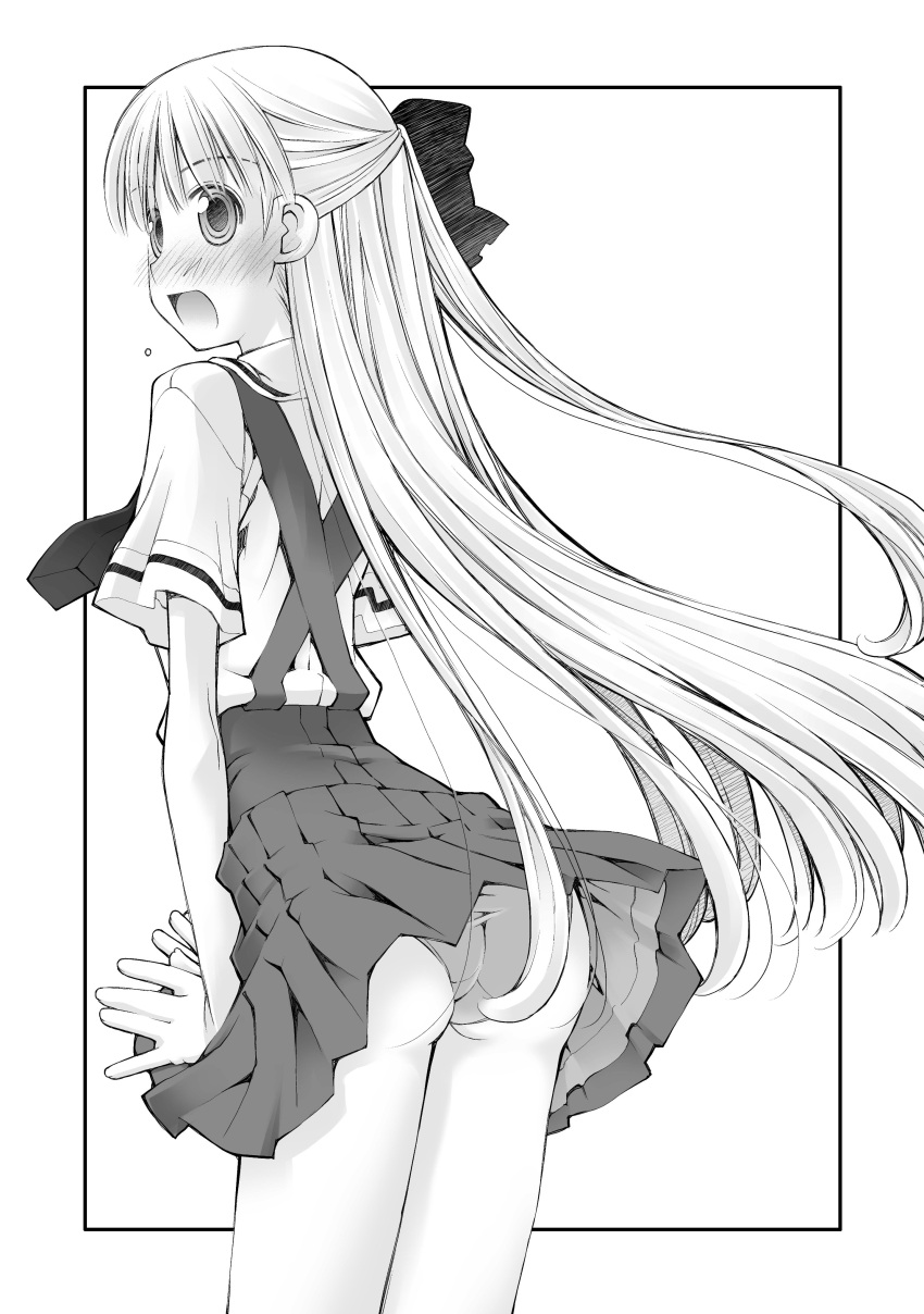 1girl absurdres ass bangs blush border bow collared_shirt commentary_request cowboy_shot criss-cross_back-straps crotch_seam embarrassed eyebrows_visible_through_hair from_behind frown greyscale hair_bow half_updo highres kusano_kouichi long_hair looking_at_viewer looking_back miniskirt monochrome open_mouth original outside_border panties pantyhose pleated_skirt shirt short_hair skirt solo standing suspender_skirt suspenders underwear