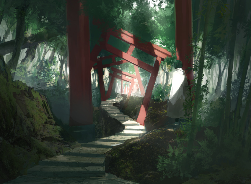 1other absurdres bamboo bush cloak crack cracked_floor forest green_hair highres light_rays moss nature original outdoors scenery solo stairs standing sunlight torii tree ujimine white_cloak