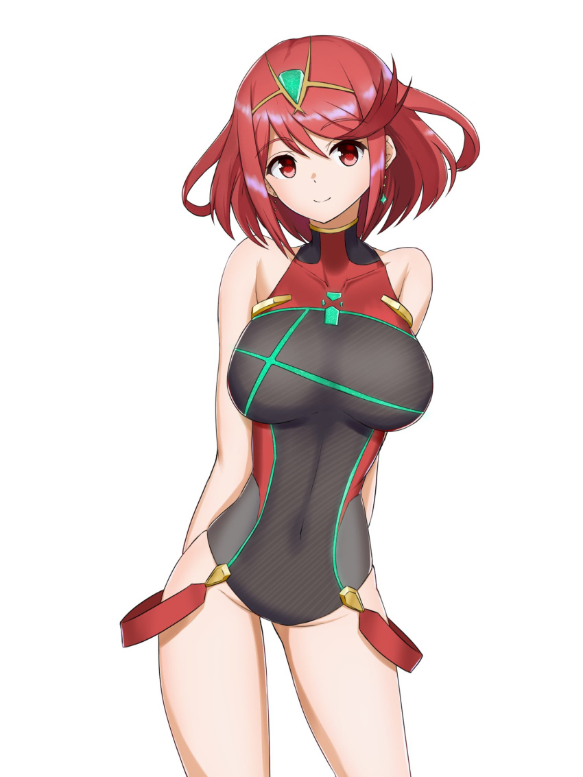 1girl bangs breasts competition_swimsuit gem hair_ornament headpiece highres jewelry looking_at_viewer one-piece_swimsuit pyra_(xenoblade) red_eyes redhead rm011vvv1 short_hair smile solo swept_bangs swimsuit tiara xenoblade_chronicles_(series) xenoblade_chronicles_2