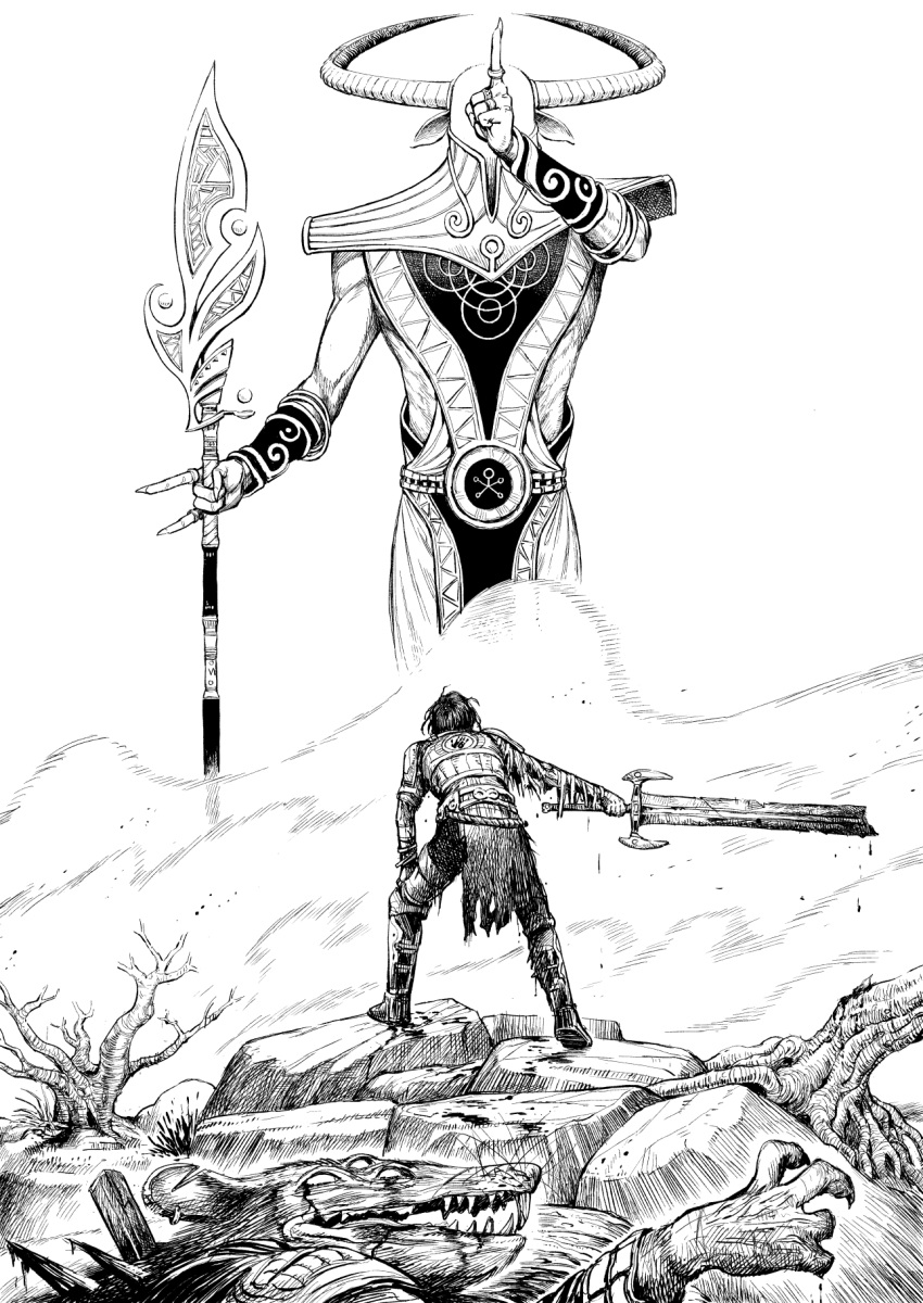 2others blood blood_on_weapon commentary english_commentary facing_away from_behind giant giant_monster greyscale hatching_(texture) highres holding holding_sword holding_weapon monochrome monster multiple_others original outdoors standing sword tree weapon y_naf