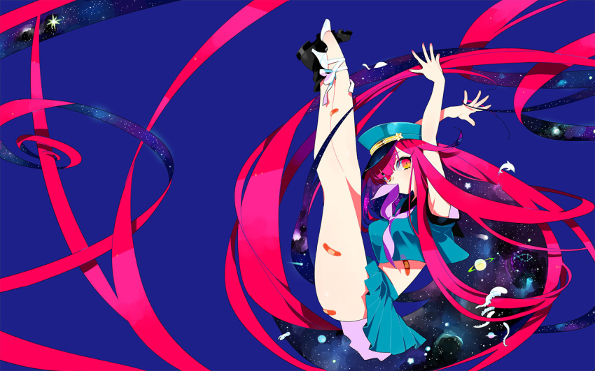 1girl absurdly_long_hair aqua_headwear aqua_shirt aqua_skirt arms_up asymmetrical_footwear bandaid bandaid_on_leg bandaid_on_stomach bangs black_footwear blue_background boots constellation dolphin hat high_heels illustration.media kinako_(marubotan) long_hair midriff mouth_hold neckerchief original planetary_ring pleated_skirt purple_neckwear red_eyes red_nails redhead shirt shooting_star short_sleeves simple_background skirt solo very_long_hair white_footwear