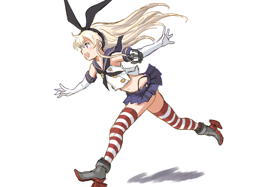 black_hairband black_panties blonde_hair crop_top elbow_gloves fuji_(pixiv24804665) gloves grey_eyes hairband highleg highleg_panties highres kantai_collection long_hair microskirt miniskirt open_mouth panties rudder_footwear running school_uniform serafuku shimakaze_(kancolle) simple_background skirt striped striped_legwear striped_thighhighs thigh-highs thong underwear white_background white_gloves