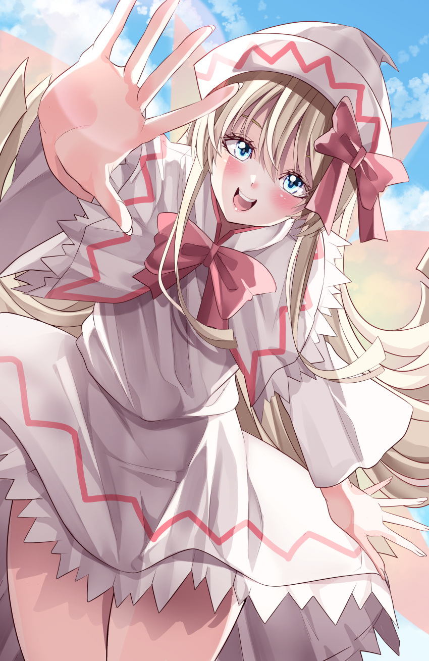 1girl :d absurdres aqua_eyes bangs blonde_hair blue_sky bow bowtie capelet clouds cowboy_shot eyebrows_behind_hair fairy_wings highres lily_white long_hair long_sleeves looking_at_viewer maboroshi_mochi open_mouth outdoors red_bow red_neckwear shirt skirt skirt_set sky smile solo standing touhou white_capelet white_headwear white_shirt white_skirt wide_sleeves wings