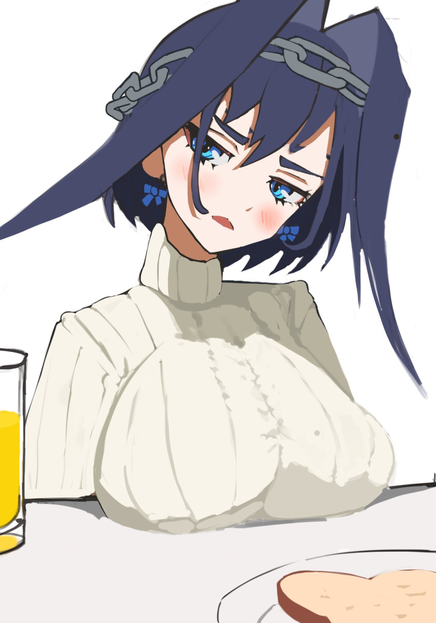 1girl annoyed bangs blue_eyes blue_hair bow bow_earrings breast_rest breasts chain cup earrings food grey_sweater hair_intakes head_tilt highres hololive hololive_english jewelry large_breasts looking_to_the_side open_mouth ouro_kronii pea_(poopingirl) plate ribbed_sweater solo sweater table toast virtual_youtuber