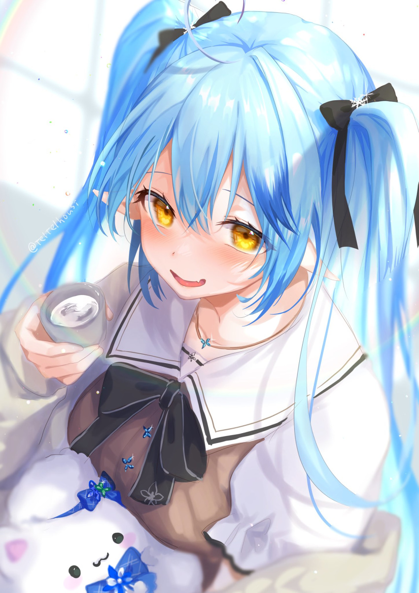 1girl :3 bangs black_bow blue_bow blue_hair blush bow brown_dress commentary_request creature cup dress drinking_glass fang hair_between_eyes hair_bow hand_up highres holding holding_cup hololive jewelry long_hair looking_at_viewer multicolored_hair necklace official_alternate_costume open_mouth short_sleeves shot_glass skin_fang smile streaked_hair teltelhousi twitter_username two_side_up upper_body virtual_youtuber window yellow_eyes yukihana_lamy yukimin_(yukihana_lamy)