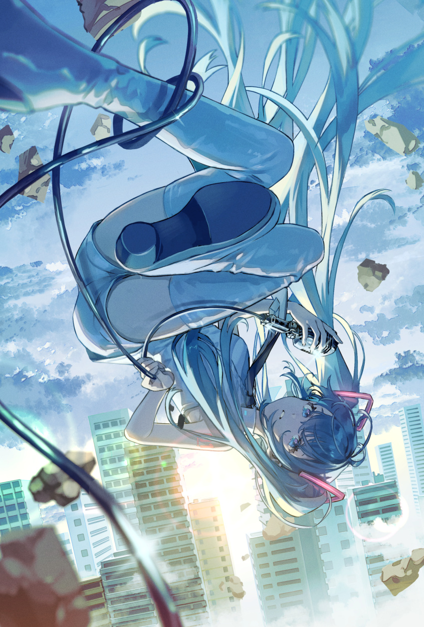 1girl bangs blue_eyes blue_hair boots city debris falling hatsune_miku highres lens_flare long_hair looking_at_viewer microphone midair necktie outdoors parted_lips saino short_shorts shorts sleeveless solo thigh-highs thigh_boots twintails upside-down very_long_hair vocaloid