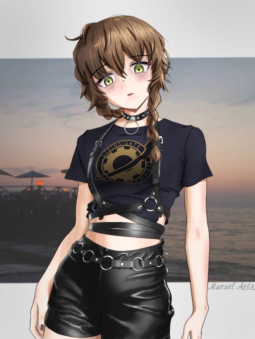 1girl absurdres alternate_costume amane_suzuha arms_at_sides artist_name bags_under_eyes black_shirt black_shorts braid breasts brown_hair collar contrapposto cowboy_shot crop_top evening gears green_eyes highres leather_shorts letterboxed long_hair marsel_arts o-ring o-ring_belt o-ring_suspenders ocean outdoors parted_lips pier punk shirt shorts small_breasts steins;gate studded_choker t-shirt twilight twin_braids umbrella