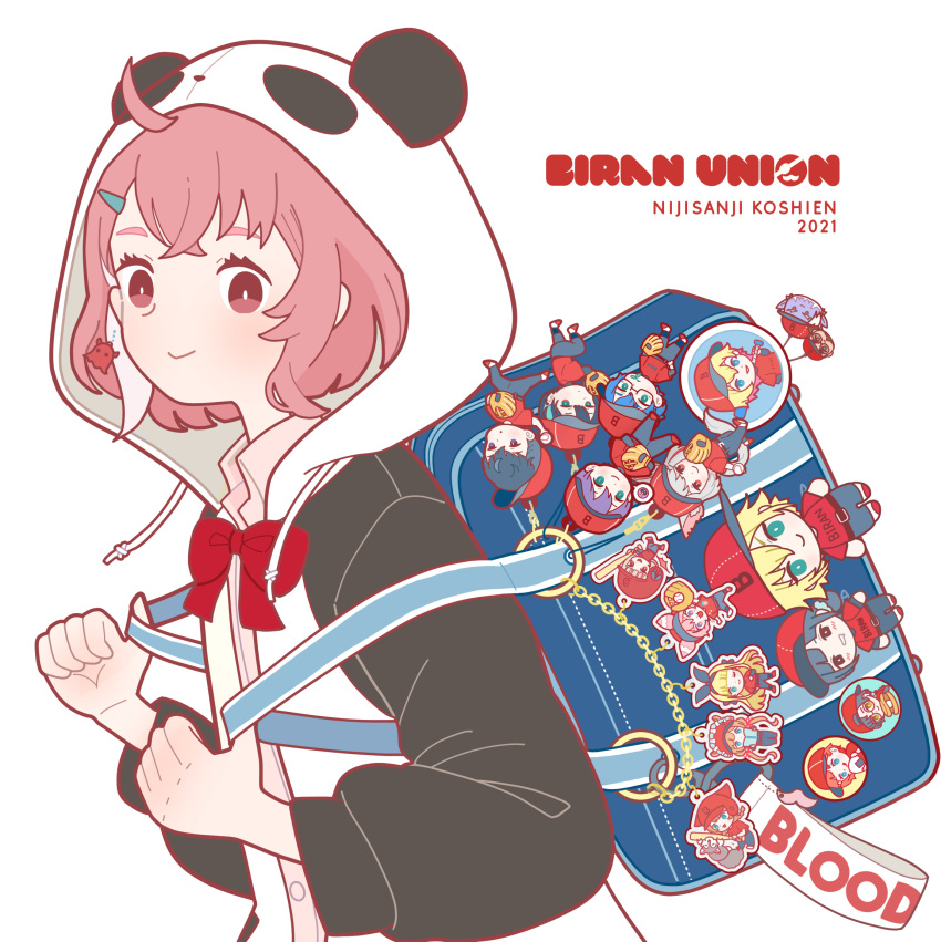 1girl backpack bag blush bow bowtie character_request hair_ornament hairclip highres hood hood_up looking_at_viewer nijisanji pink_eyes pink_hair red_bow red_neckwear sasaki_saku short_hair simple_background smile solo upper_body virtual_youtuber white_background yoshimon