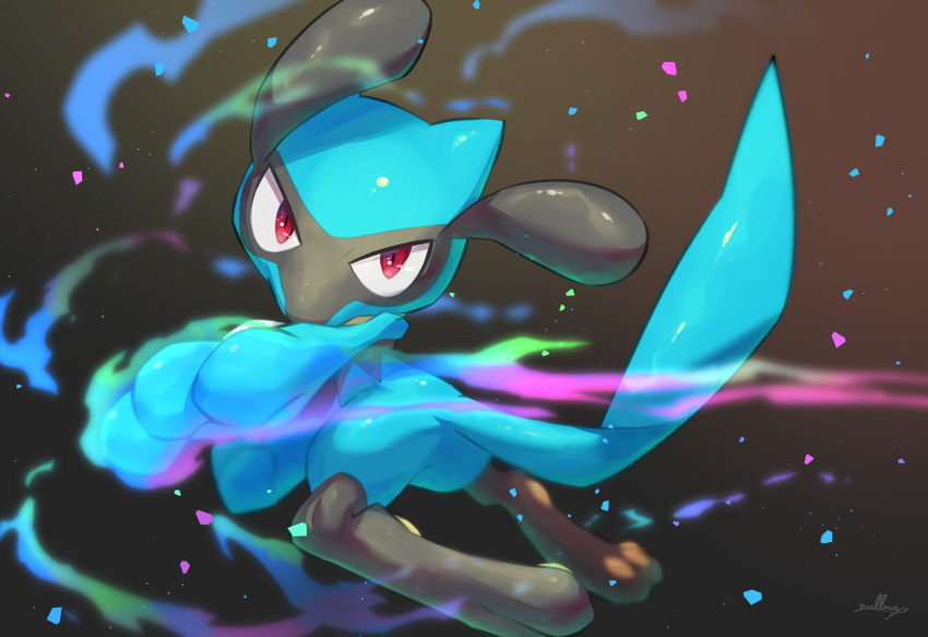 creature energy full_body gen_4_pokemon glowing gradient gradient_background hand_up highres looking_at_viewer no_humans nullma pokemon pokemon_(creature) red_eyes riolu shiny shiny_skin signature solo tail_raised toes