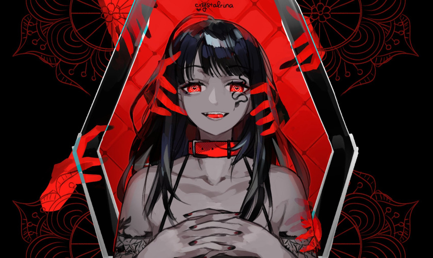 1girl artist_name bangs black_hair black_nails coffin collar collarbone eye_(vocaloid) eyelashes hands_clasped hands_over_breasts highres interlocked_fingers limited_palette open_mouth own_hands_together red_theme rina_(crystalrina) solo tattoo teeth vocaloid