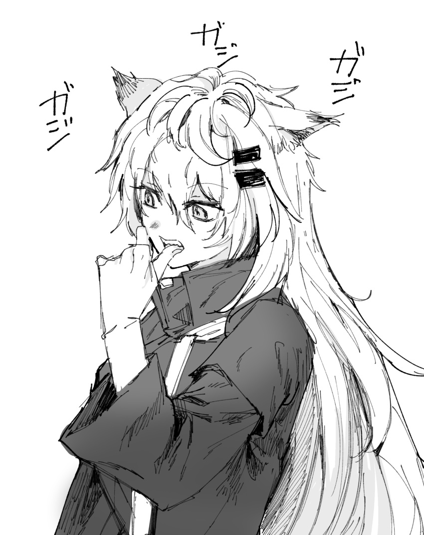 1girl animal_ears arknights biting coat commentary_request eyebrows_visible_through_hair greyscale hair_ornament hairclip hand_up highres lappland_(arknights) long_hair long_sleeves monochrome na_tarapisu153 open_mouth solo sound_effects teeth thumb_biting upper_body wolf_ears