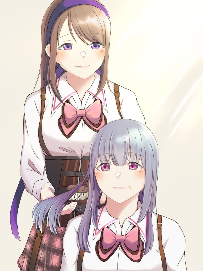 2girls arms_at_sides assault_lily behind_another blush bow bowtie brown_background brushing_another's_hair brushing_hair closed_mouth collared_shirt commentary corset cowboy_shot fukuyama_jeanne_sachie gradient_background grey_hair hair_brush hair_ribbon hairband highres holding holding_another's_hair holding_brush kishimoto_maria_mirai long_hair long_sleeves looking_at_another looking_down looking_up ludvico_private_girls'_academy_school_uniform mimura_(eh_mi0) mole mole_under_mouth multiple_girls pink_bow pink_bowtie pink_eyes pink_skirt plaid plaid_skirt purple_hairband purple_ribbon ribbon school_uniform shirt sidelocks skirt smile standing sunlight suspenders swept_bangs underbust violet_eyes white_shirt