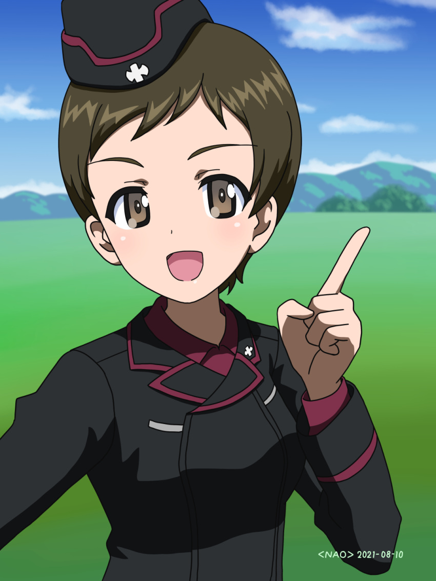 1girl artist_name bangs black_headwear black_jacket blue_sky brown_eyes brown_hair clouds cloudy_sky commentary_request dated day dress_shirt garrison_cap girls_und_panzer hat highres index_finger_raised insignia jacket kojima_emi kuromorimine_military_uniform long_sleeves looking_at_viewer military military_hat military_uniform mountain naotosi open_mouth outdoors red_shirt shirt short_hair sky smile solo uniform very_short_hair wing_collar