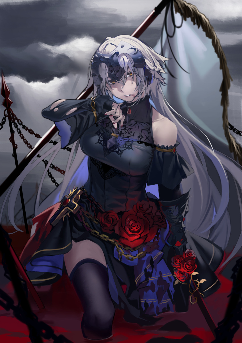 1girl absurdres alternate_costume bangs bare_shoulders black_dress black_legwear black_sleeves blood blood_on_face breasts chain clouds cloudy_sky commentary_request cross detached_sleeves dress fate/grand_order fate_(series) fingernails flag flower formal grey_hair hair_between_eyes headpiece highres hiro_(hirohiro_gorira) holding holding_sword holding_weapon huge_filesize jeanne_d'arc_(alter)_(fate) jeanne_d'arc_(fate)_(all) jewelry large_breasts lips long_hair looking_at_viewer nail_polish outdoors parted_lips polearm pool_of_blood purple_nails red_flower red_rose rose sidelocks sky sleeveless sleeveless_dress sleeves_past_wrists solo spear sword teeth thigh-highs torn_clothes torn_sleeves very_long_hair weapon white_flag yellow_eyes