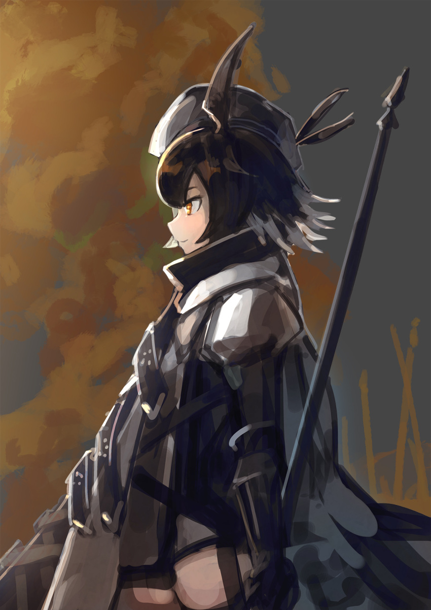 1girl antenna_hair arknights bangs bannnouyakunta beret black_gloves black_headwear brown_hair closed_mouth coat elbow_gloves gloves hair_between_eyes hat highres holding holding_polearm holding_spear holding_weapon long_sleeves looking_to_the_side plume_(arknights) polearm short_hair smile solo spear weapon yellow_eyes