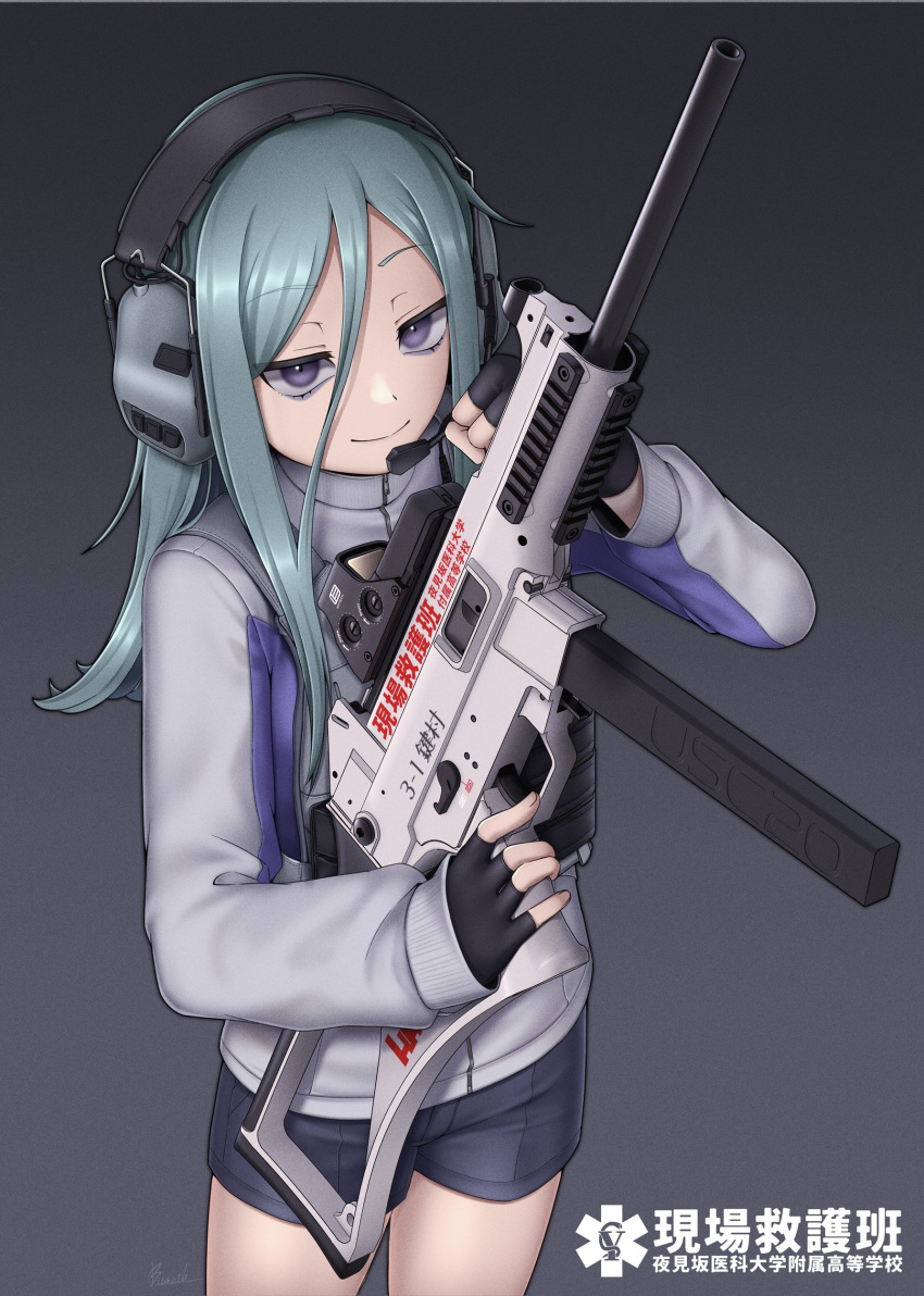 1girl absurdres black_background black_gloves black_shorts closed_mouth commentary_request ear_protection fingerless_gloves gloves gradient_background grey_background grey_hair grey_jacket gun hair_between_eyes headset highres holding holding_gun holding_weapon ismuth_(bibibibirite) jacket long_hair long_sleeves original puffy_long_sleeves puffy_sleeves short_shorts shorts sleeves_past_wrists smile solo translation_request violet_eyes weapon weapon_request