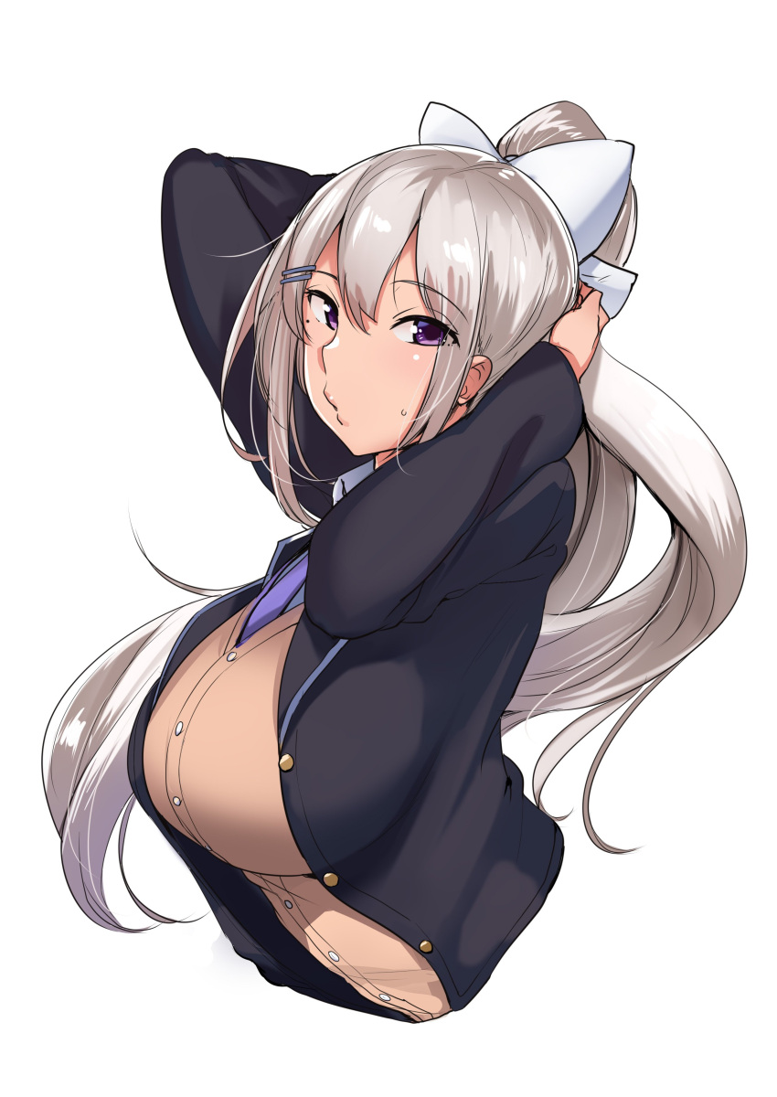 1girl absurdres black_jacket bow breasts breasts_day brown_vest closed_mouth floating_hair grey_hair hair_bow hands_up highres higuchi_kaede jacket large_breasts long_hair long_sleeves looking_at_viewer mole mole_under_eye necktie nijisanji o3o ponytail purple_neckwear simple_background solo sweater_vest upper_body very_long_hair vest violet_eyes wakamesan white_background white_bow
