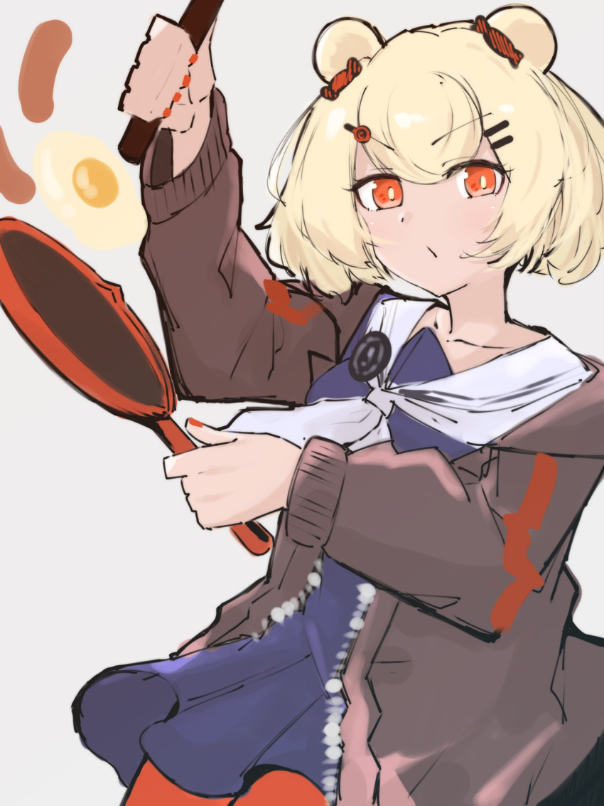 1girl :o animal_ears arknights asususususu bangs bear_ears blonde_hair brown_jacket dress egg food frying_pan grey_background gummy_(arknights) hair_ornament hair_ribbon hairpin highres holding holding_frying_pan holding_spatula jacket long_sleeves open_mouth orange_eyes orange_pants pants purple_dress ribbon sausage short_hair simple_background solo spatula v-shaped_eyebrows