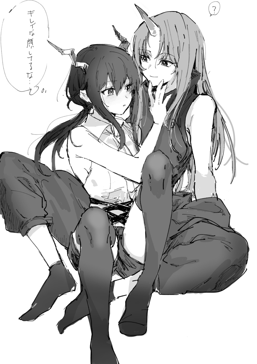 2girls ? absurdres arknights arm_support bare_arms between_legs ch'en_(arknights) closed_mouth collared_shirt dragon_horns eyebrows_visible_through_hair greyscale hand_on_another's_face highres horns hoshiguma_(arknights) long_hair monochrome multiple_girls na_tarapisu153 oni_horns pants parted_lips ponytail shirt single_horn sitting sleeveless sleeveless_shirt smile socks spoken_question_mark thigh-highs thought_bubble yuri