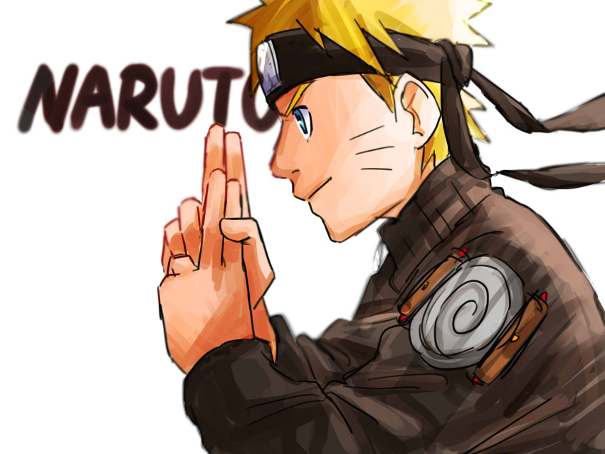 1boy blonde_hair blue_eyes character_name closed_mouth forehead_protector hand_gesture highres long_sleeves looking_to_the_side naruto_(series) naruto_shippuuden pinoko_(pnk623) short_hair simple_background smile solo uzumaki_naruto v-shaped_eyebrows white_background