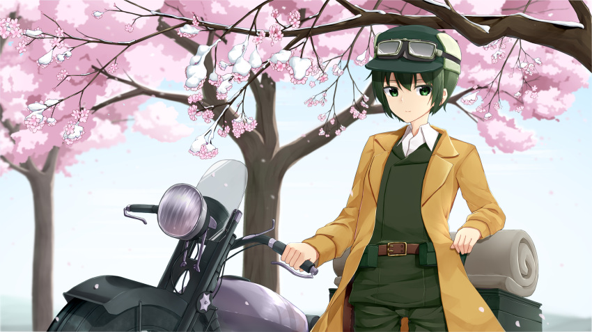 1girl androgynous aya_mizunami bangs bedroll belt belt_buckle belt_pouch brown_belt brown_coat buckle cherry_blossoms coat commentary cowboy_shot dress_shirt expressionless fur_hat goggles goggles_on_headwear green_eyes green_headwear green_jacket green_pants ground_vehicle hair_between_eyes hand_on_handle hat hermes_(kino_no_tabi) highres jacket kino_(kino_no_tabi) kino_no_tabi long_sleeves looking_at_viewer motor_vehicle motorcycle pants pouch reverse_trap shirt short_hair solo standing suitcase thigh_gap tomboy tree trench_coat ushanka white_shirt
