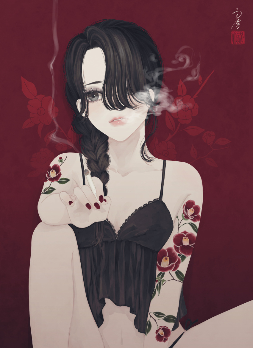 1girl absurdres arm_tattoo bangs bare_arms bare_legs between_legs black_camisole black_eyes black_hair black_panties blowing_smoke braid breasts camellia camisole cigarette collarbone floral_background flower flower_tattoo hair_over_one_eye hand_between_legs highres holding holding_cigarette lace-trimmed_camisole lace_trim leg_up lingerie long_hair looking_at_viewer nail_polish one_eye_covered original panties parted_bangs parted_hair parted_lips red_background red_flower red_nails seal_impression side-tie_panties side_braid signature single_braid sitting small_breasts smoke smoking solo spaghetti_strap string_panties tattoo underwear upper_body ushiyama_ame