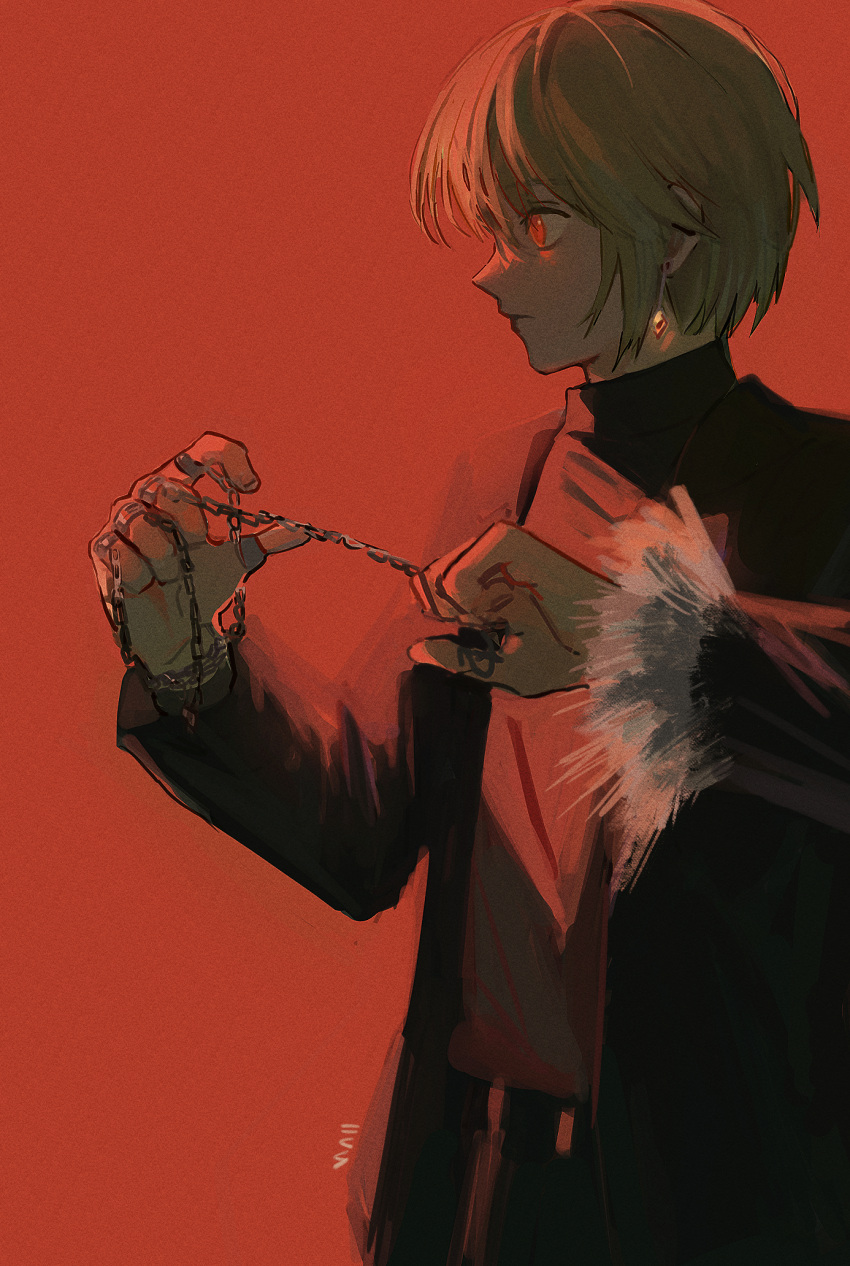 1boy black_jacket blonde_hair closed_mouth commentary earrings hand_chains highres hunter_x_hunter jacket jewelry kurapika long_sleeves male_focus noise null_(skev7724) profile red_background red_eyes short_hair simple_background solo upper_body