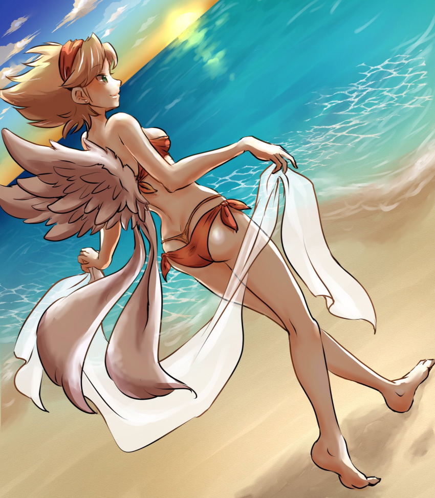 1girl barefoot bikini blonde_hair blue_eyes breasts breath_of_fire breath_of_fire_iii closed_mouth earrings hairband hamamuraacca highres jewelry nina_(breath_of_fire_iii) sand short_hair smile solo sun swimsuit thong_bikini water white_wings wings