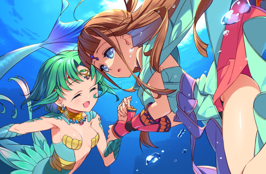 2girls blue_eyes brown_hair closed_eyes green_hair jewelry mermaid monster_girl multiple_girls shiho_(valkyrie_profile) short_hair swimming valkyrie_profile water yumei_(valkyrie_profile) yunde_(twez3727)