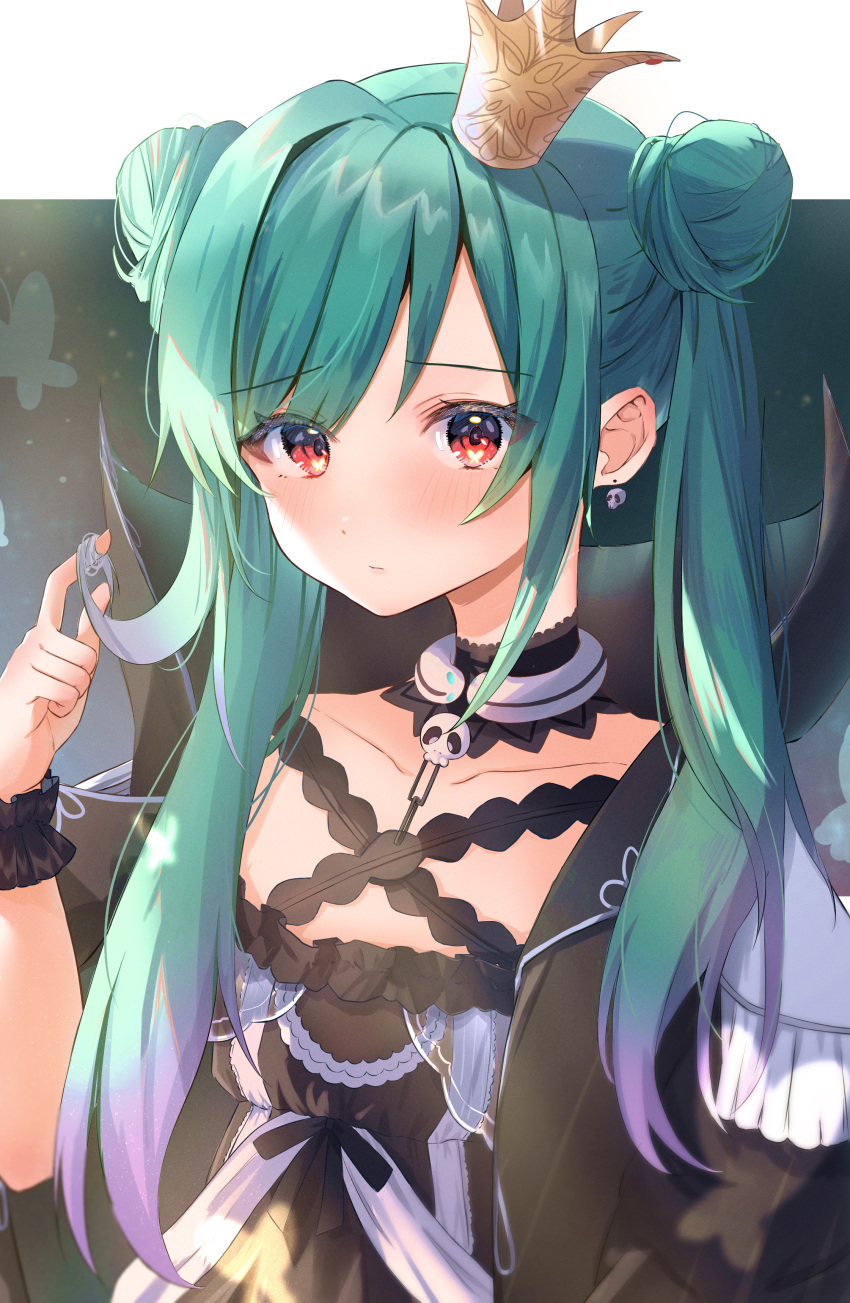 1girl absurdres amefukura_art bangs black_choker black_dress black_jacket blush choker closed_mouth colored_tips commentary_request crown double_bun dress earrings eyebrows_visible_through_hair green_hair highres hololive jacket jewelry long_hair looking_at_viewer mini_crown multicolored_hair official_alternate_costume open_clothes open_jacket playing_with_own_hair purple_hair red_eyes sidelocks skull_earrings solo streaked_hair twintails upper_body uruha_rushia virtual_youtuber wrist_cuffs