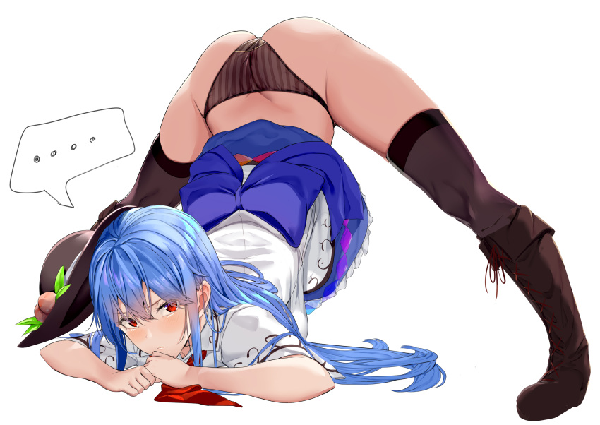 1girl absurdres ass black_legwear blue_hair dress hat highres hinanawi_tenshi jack-o'_challenge looking_at_viewer neropaso panties red_eyes solo spread_legs striped striped_panties thigh-highs thighs top-down_bottom-up touhou underwear white_background